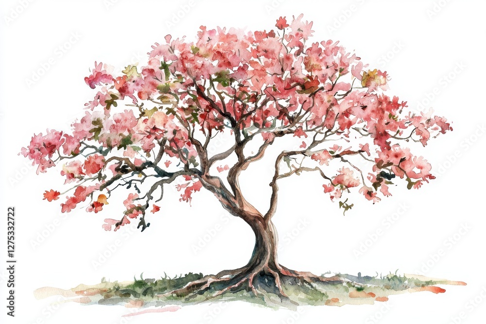 Obraz premium A vibrant watercolor illustration of a blooming tree with pink flowers, showcasing the beauty of nature and springtime.