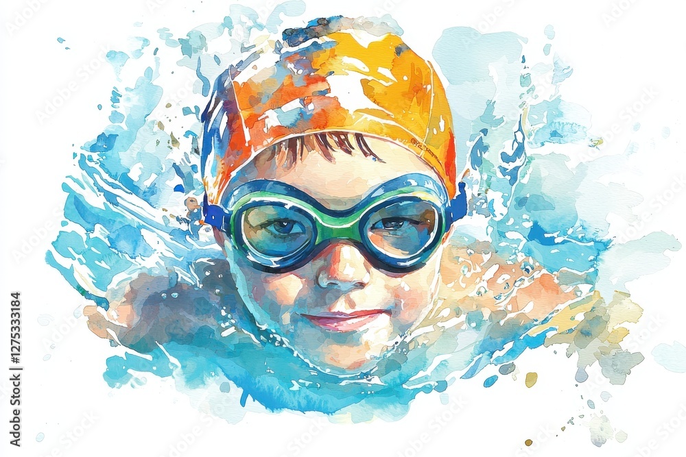 Naklejka premium A vibrant watercolor illustration of a young swimmer with goggles and a bright cap, capturing the joy and energy of swimming in a pool.