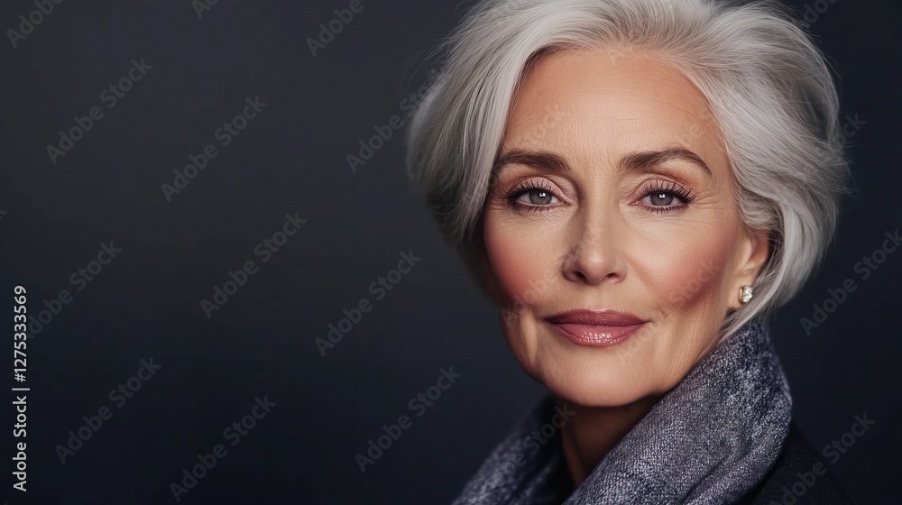 Naklejka premium Confident Portrait of a Stylish Mature Woman With Elegant Gray Hair and Striking Features