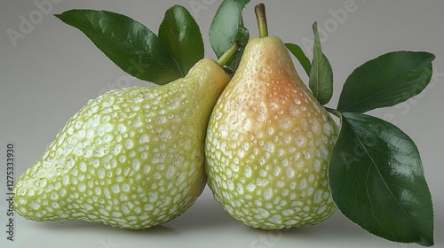 Two fresh ripe pears with green leaves isolated on a neutral background. Generative AI photo