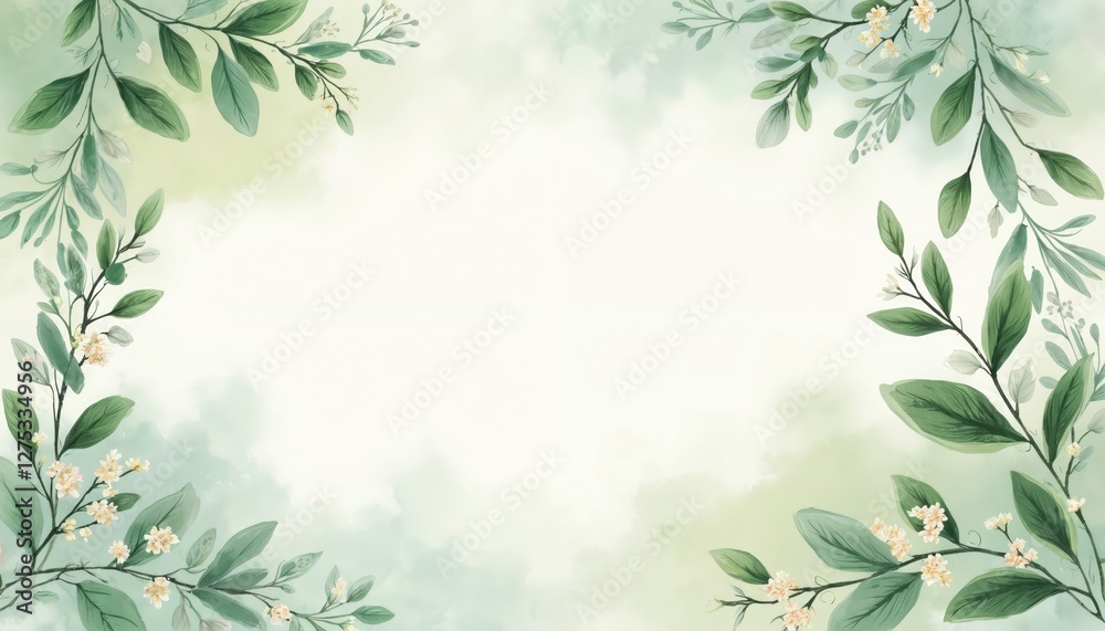 Watercolor frame with green leaves and flowers. Invitation card template, wedding decor. Foliage design, botanical background. Nature art, visual illustration. Eco banner, organic style. Watercolor frame with green leaves and flowers. Invitation card template, wedding decor. Foliage design, botanical background. Nature art, visual illustration. Eco banner, organic style.