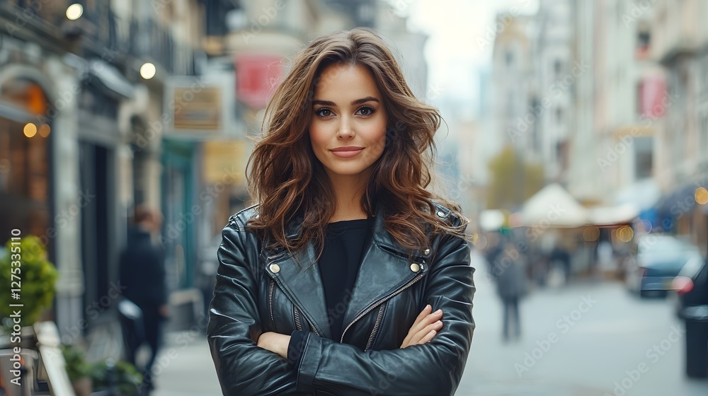 Portrait of a determined and focused woman wearing a stylish leather jacket arms crossed standing on a softly blurred city street with ample copy space for text overlay or design elements Portrait of a determined and focused woman wearing a stylish leather jacket arms crossed standing on a softly blurred city street with ample copy space for text overlay or design elements