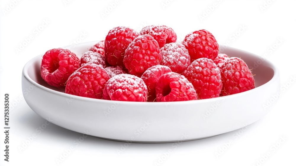 Raspberries with Powdered Sugar on a White Plate. Generative AI Raspberries with Powdered Sugar on a White Plate. Generative AI