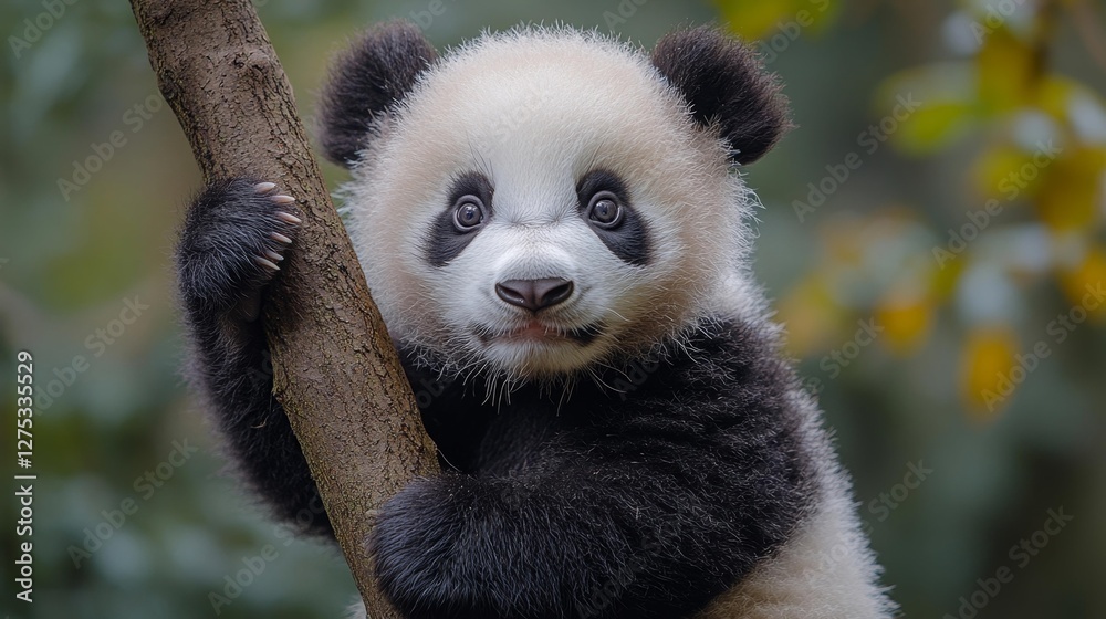 Obraz premium Cute Panda Cub Climbing a Tree with Curious Expression. Generative AI