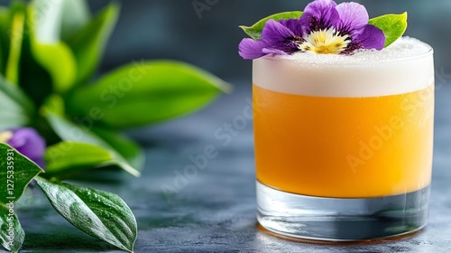 A beautifully decorated cocktail with a purple flower garnish and a smooth foam layer on top of an orange drink. Generative AI photo