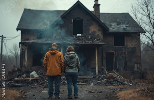 Couple stands outside burned house, likely responding to disaster, emergency. Destroyed property, home damage, devastation aftermath, natural crisis. Human relationships tested by extreme situation.