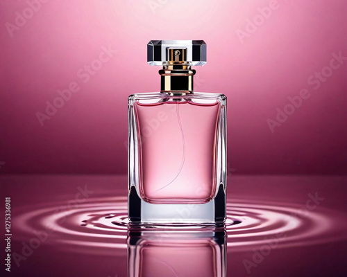A bottle of women's perfume on water, with pink background
