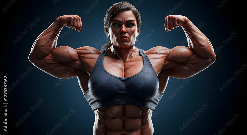 Obraz premium Female Bodybuilder Flexing Biceps Showing Muscle Definition and Physique Strength