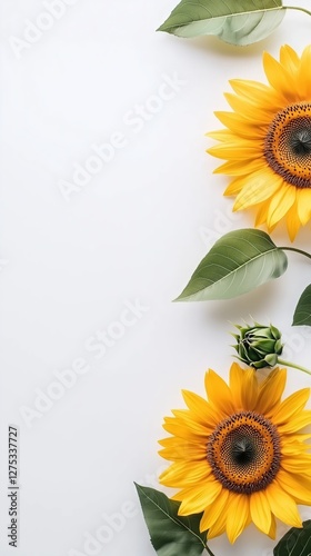 A vibrant sunflower placed on a clean white background with space for text photo