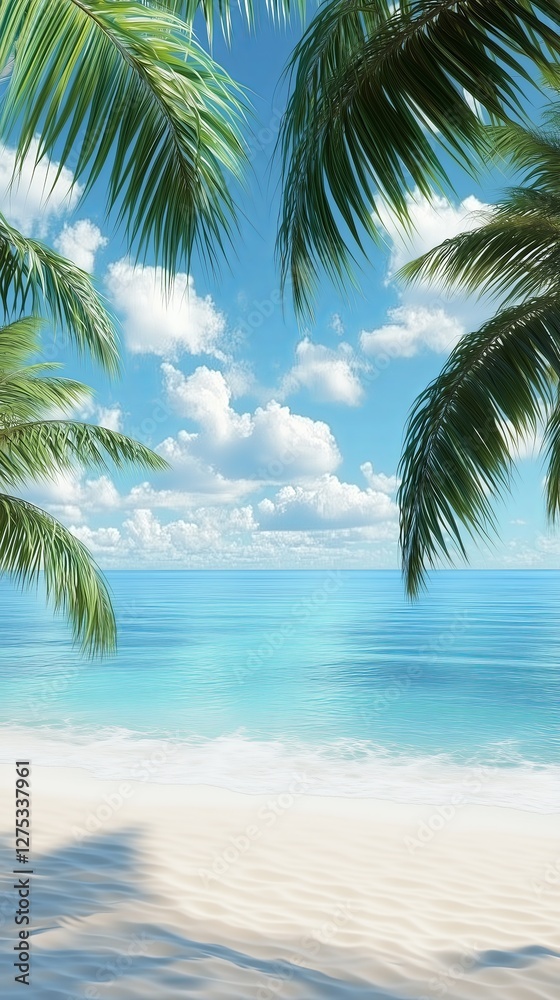 A serene beach with palm trees and clear blue water A serene beach with palm trees and clear blue water