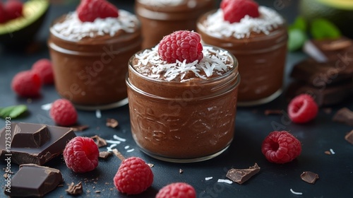 Delicious chocolate mousse in small jars topped with coconut flakes and raspberries. Generative AI photo