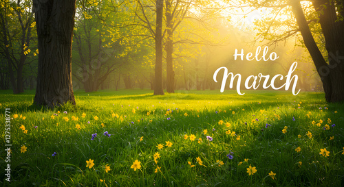 Hello March Sunny Meadow with Wildflowers Welcoming Spring Season