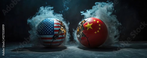 America and China trade war, USA and China trade war, Cracked spheres representing USA and China, symbolizing tension and conflict