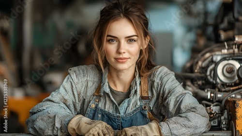 Portrait of a skilled female mechanic in overalls and gloves meticulously working on an engine in an industrial workshop setting  The background is blurred allowing for potential copy space