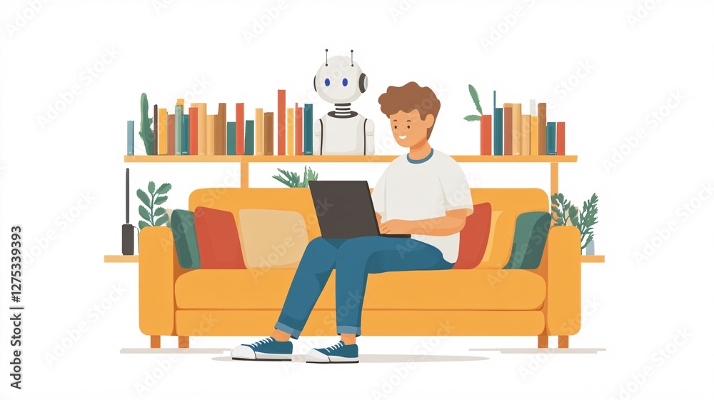 Fototapeta premium Person Using Laptop at Home with a Friendly Robot Companion