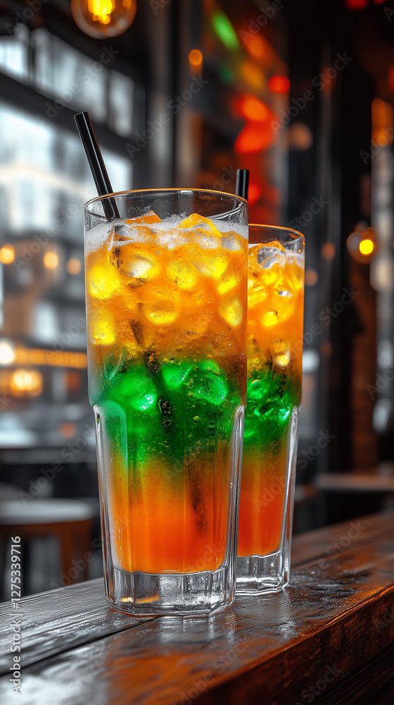 Two colorful layered cocktails with ice in tall glasses at a bar. Two colorful layered cocktails with ice in tall glasses at a bar.