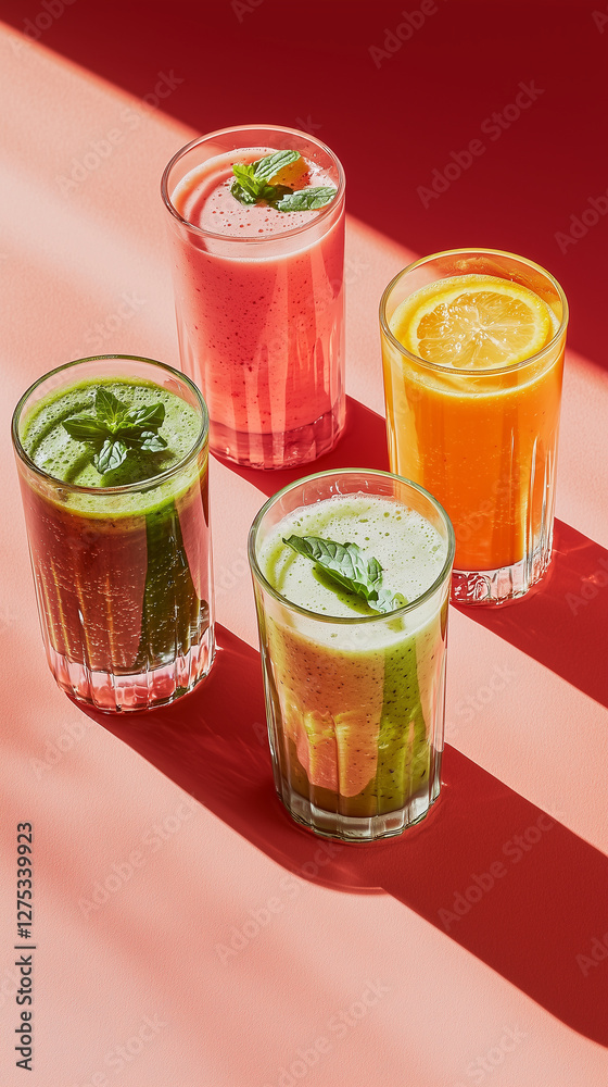 Four colorful fruit and vegetable smoothies in clear glasses with sunlight and shadows. Four colorful fruit and vegetable smoothies in clear glasses with sunlight and shadows.