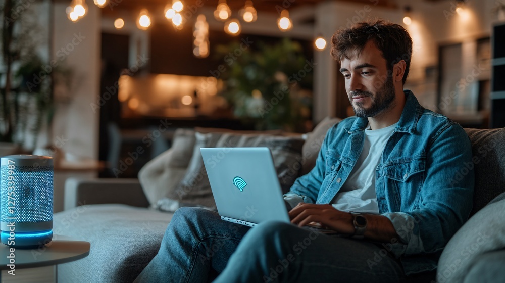 Young man working on laptop in cozy modern living room at home Young man working on laptop in cozy modern living room at home
