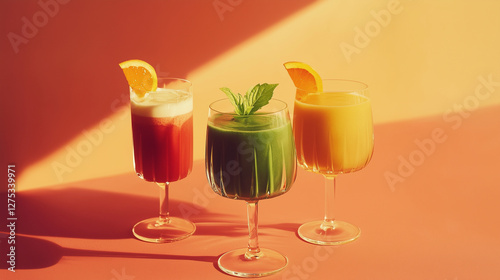 Wallpaper Mural Three colorful fruit smoothies in elegant glasses with warm sunlight. Torontodigital.ca