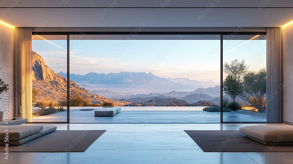 Fototapeta premium Modern Living Room with Scenic Mountain View and Infinity Pool
