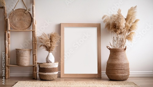 ScandinavianBohemian Mockup Frame in a Minimalist White Room, Showcasing Natural Wooden Furnishings and Earthy Tones, Evoking a Cozy, Inviting Atmosphere for Home Decor or Design Inspiration.
