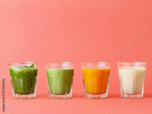 Four colorful smoothies in clear glasses on a coral background.