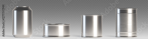 Metal tin cans and beverage container mockups set - aluminum drink package, smooth food storage cylinders and ribbed preserve jar with blank surface on transparent background for branding design.