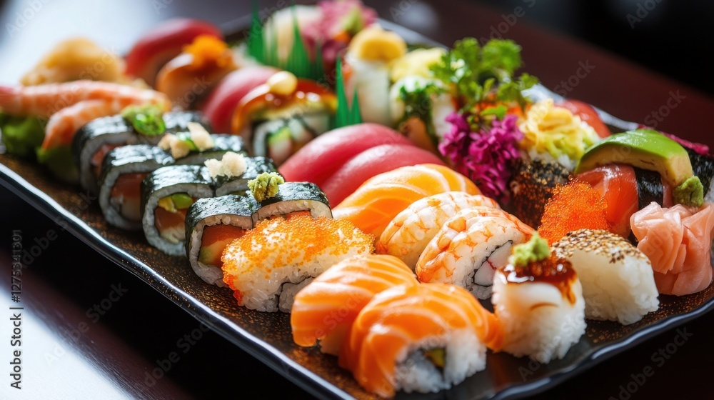 Delicious assortment of assorted sushi maki and sashimi on a black plate Fresh seafood rice and