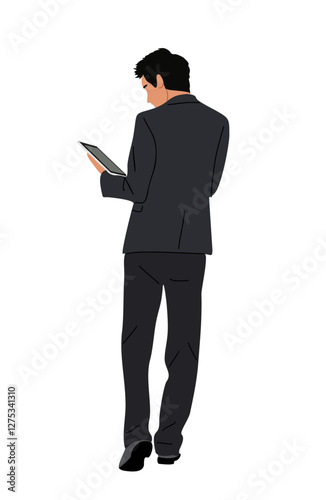 Business man standing full length rear view holding digital tablet. Handsome guy in formal suit from behind, turned back. Character backside. Vector flat illustration isolated