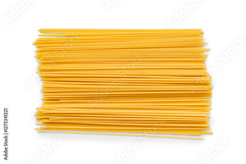 Closeup of a pile of organic spaghetti pasta isolated on a transparent background with shadow from above, top view, png