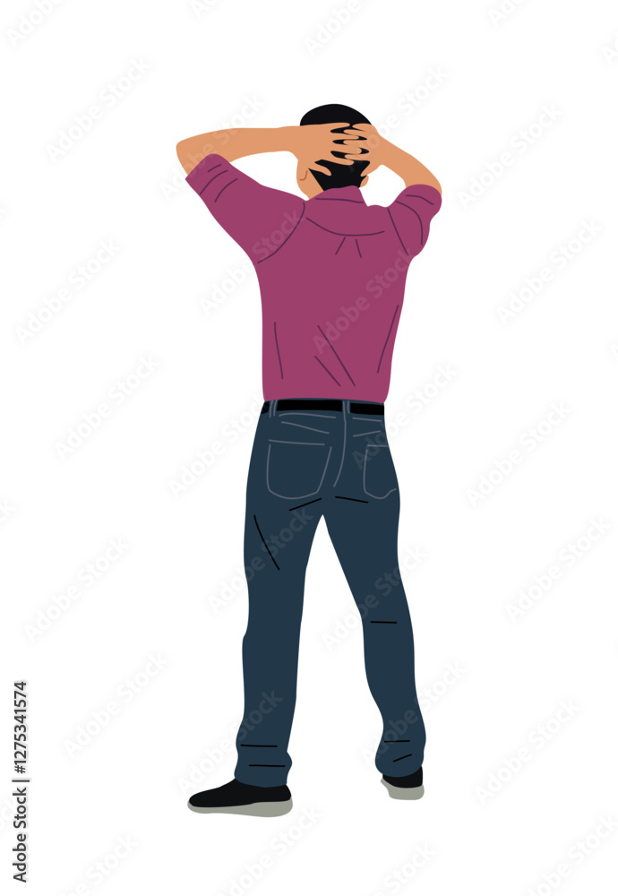 Business man standing rear view with his arms up on the head. Handsome guy in smart casual office outfit in relaxing pose. Character back view. Vector flat illustration isolated Business man standing rear view with his arms up on the head. Handsome guy in smart casual office outfit in relaxing pose. Character back view. Vector flat illustration isolated