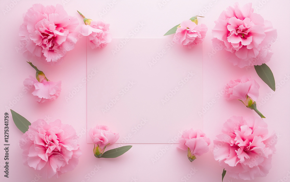 Fototapeta premium Pink carnations arranged on pastel background with copy space