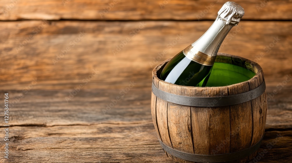Champagne Bottle in Rustic Wooden Ice Bucket on Weathered Wood Table Champagne Bottle in Rustic Wooden Ice Bucket on Weathered Wood Table
