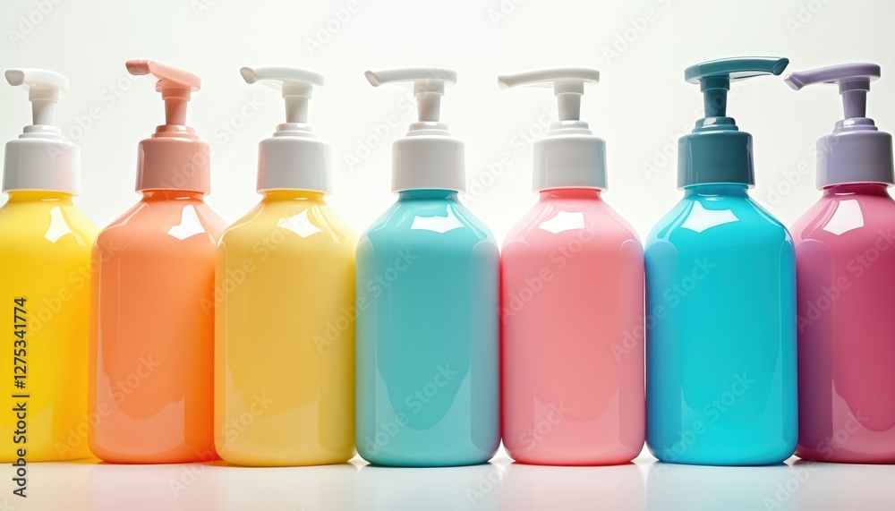 Row of colorful pump bottles with liquid soap, shampoo. Plastic dispensers for body care, beauty, cosmetic, hygiene products in bathroom. Modern arrangement of bright shiny containers. Row of colorful pump bottles with liquid soap, shampoo. Plastic dispensers for body care, beauty, cosmetic, hygiene products in bathroom. Modern arrangement of bright shiny containers.