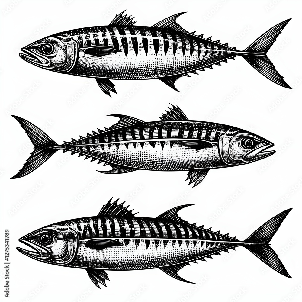 Fototapeta premium Intricate line work and realistic texture of mackerel fish, isolated on white background, Black and white image