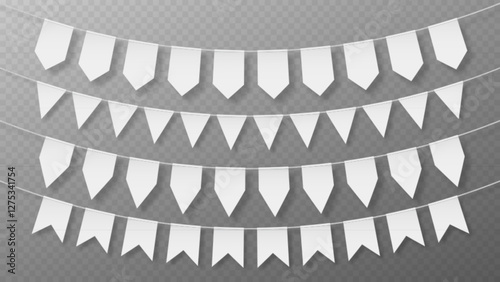 Paper garland set with white triangular, rectangular and pennant flags on string. Festive hanging decoration elements in different shapes for birthday parties, celebrations or holiday events.