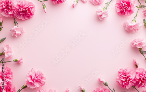Pink carnations arranged on pastel background with copy space  

