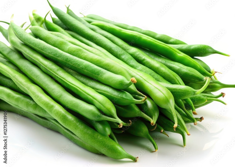 Vibrant green beans, a culinary delight, photographed against a clean white background for stock or recipe use. Vibrant green beans, a culinary delight, photographed against a clean white background for stock or recipe use.