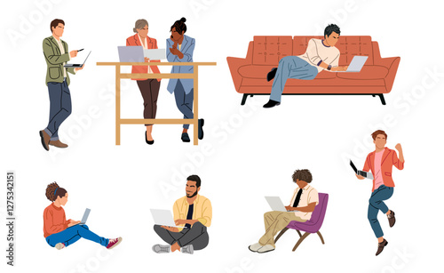 People working at laptop. Different men and women wearing smart casual and formal office outfits standing, sitting, looking at computer. Vector realistic illustration isolated 