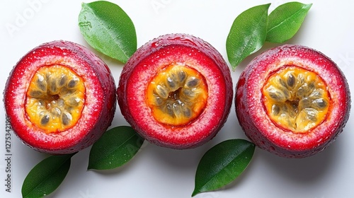 Passion fruit halves with seeds and leaves isolated on white background. Generative AI photo