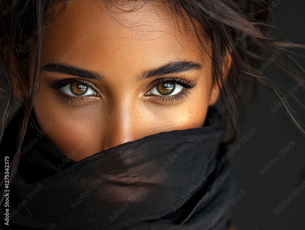 Bold and Fearless Portrait of a Woman with Captivating Eyes and Black Scarf in Realistic Style Bold and Fearless Portrait of a Woman with Captivating Eyes and Black Scarf in Realistic Style
