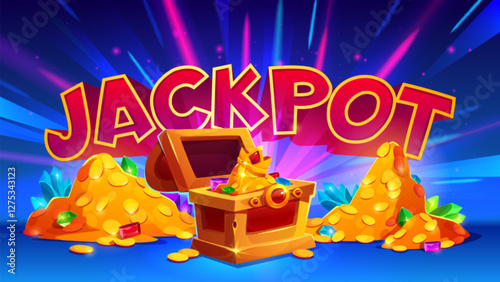 Jackpot banner with glowing text over piles of golden coins, wooden treasure chest, colorful gemstones on bright blue background. Casino slot game reward screen elements for gambling interface.