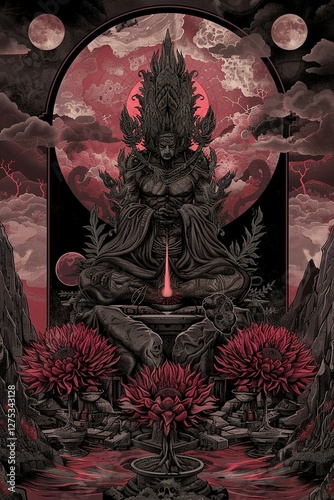 Dark Fantasy Art  Seated Figure  Throne  Moon  Flowers