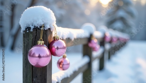 Pink and white baubles dangle from a snow-covered fence post, fence post, pastel photo