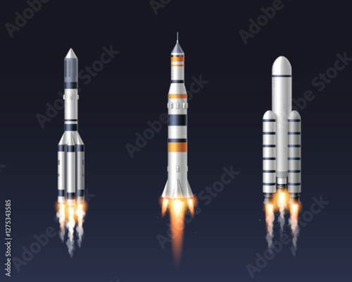 Realistic space rocket set of launching spaceships with burning engines and smoke trails on dark background. Detailed 3d white and orange vessels with metallic textures for aerospace projects.