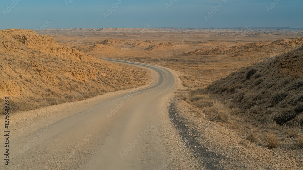 Winding Dirt Road Through Arid Landscape Under Pale Blue Sky Winding Dirt Road Through Arid Landscape Under Pale Blue Sky