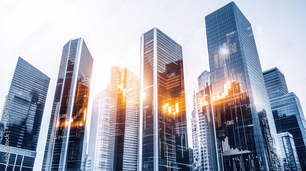 Obraz premium A futuristic city skyline with digital charts reflecting business growth, financial forecasts, and corporate evolution. Glowing data overlays highlight economic trends and company performance