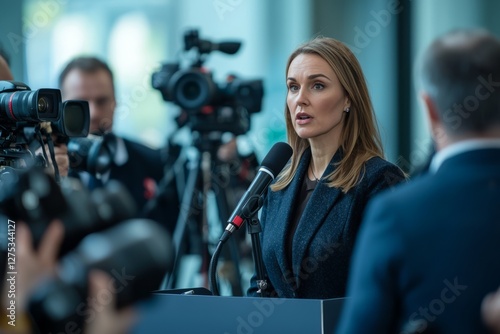 A female politician speaks at a press conference, answering tough questions from journalists. Cameras and microphones surro, Generative AI 