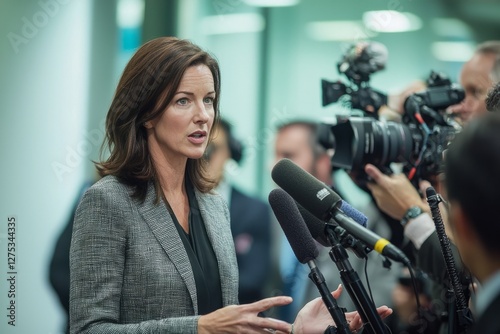 A female politician speaks at a press conference, answering tough questions from journalists. Cameras and microphones surro, Generative AI 