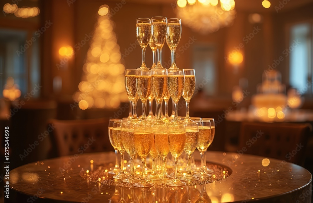 Fototapeta premium Elegant champagne tower with stacked glasses against soft warm light at celebration. Luxurious golden sparkling beverage in glassware at fancy festive party on special occasion.